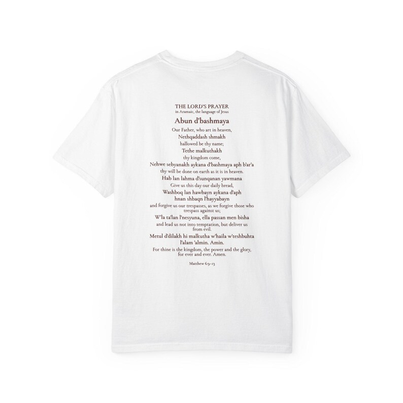 Arameisk Herrens bön komfortfärger T-shirt | Vår Fader arameisk T-shirt | Bergspredikan katolsk kristen T-shirt bild 4