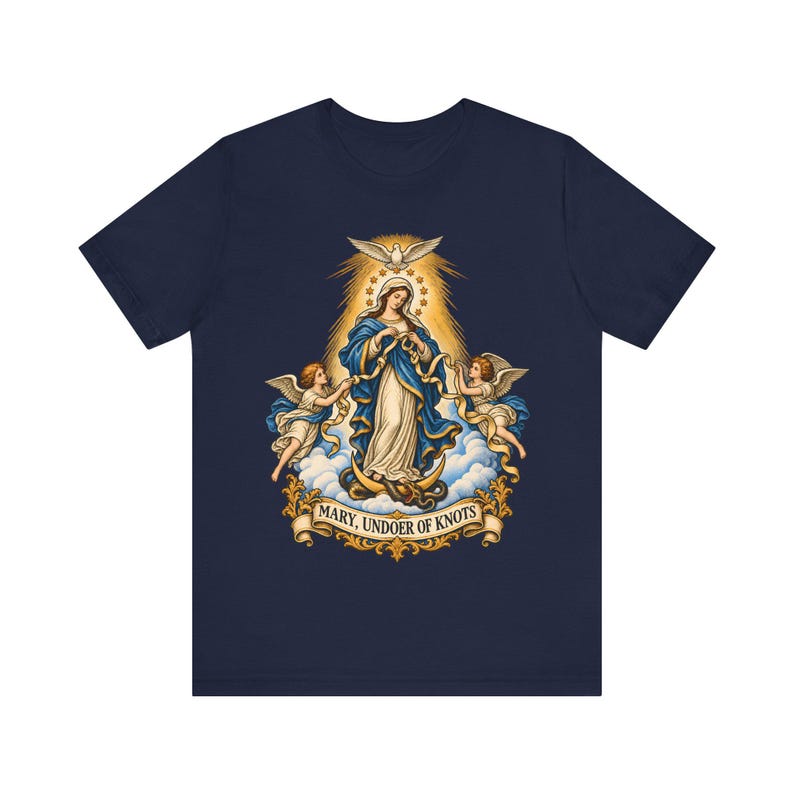結び目を解く聖母マリアTシャツ、リボンを解く聖母マリアTシャツ、女性へのカトリックのノベナギフト、マリア祈祷アパレル 画像 6