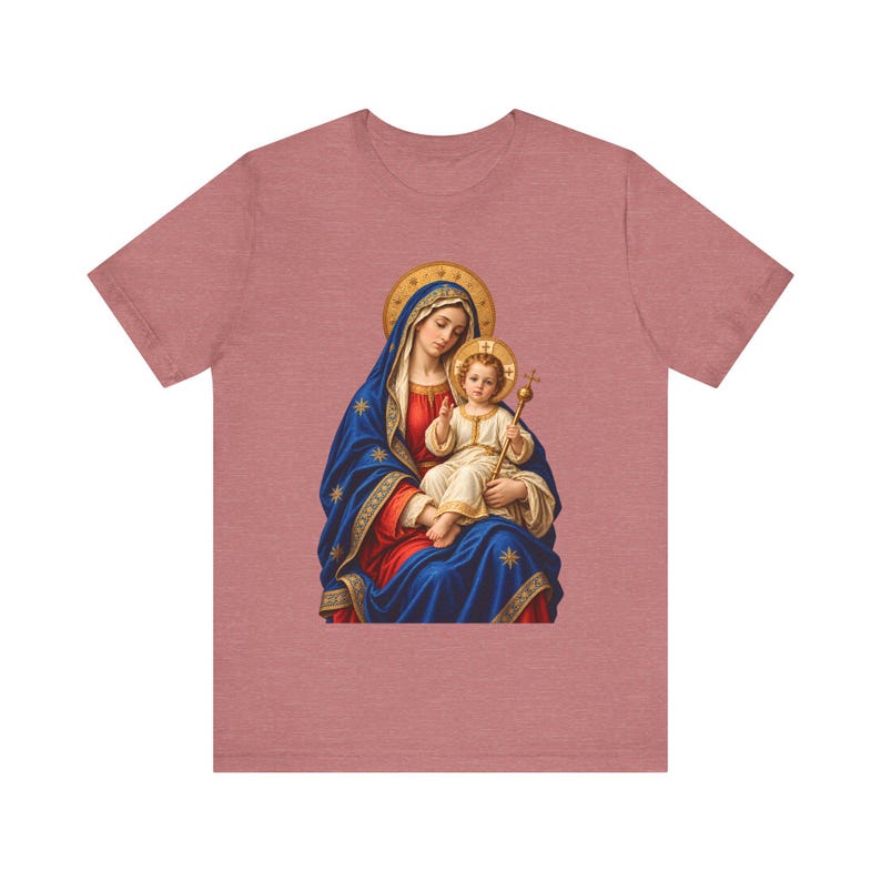 Madonna and Child Tee, Catholic Mother Mary Gift, Golden Halo Art (Unisex) image 3