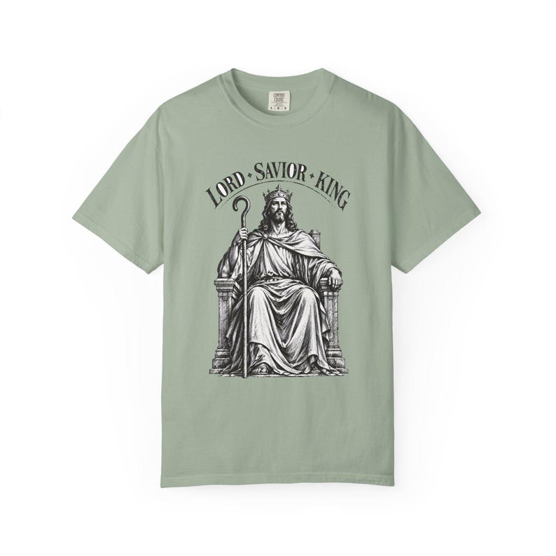 King of Kings Tee, Vintage Woodcut Jesus Enthroned, Solemnity of Christ Gift for Husband or Priest, Catholic Unisex Shirt, Comfort Colors image 5