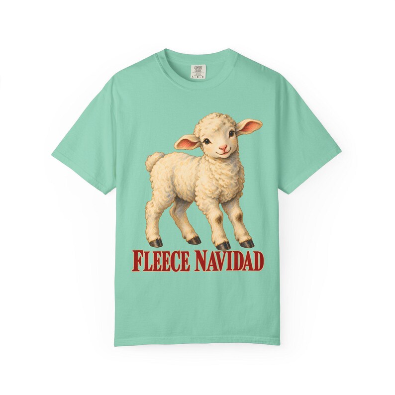 Fleece Navidad Comfort Colors Shirt | Funny Christian Christmas T-Shirt | Gift for Kids and Family | Vintage Lamb Painting image 2
