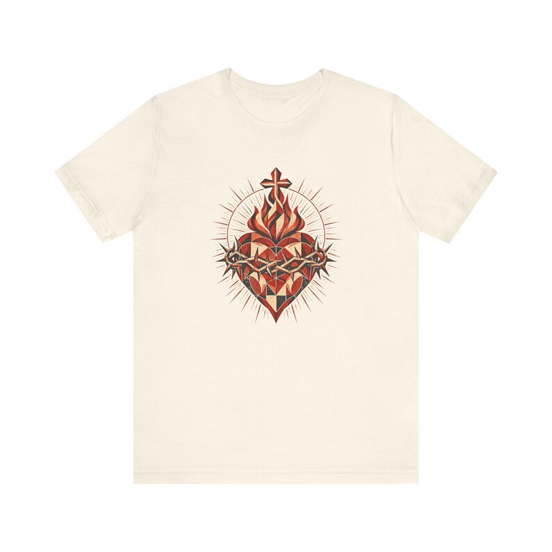 Geometrisk skjorta med Jesu heliga hjärta, modern minimalistisk Cor Jesu-konst, fasetterad katolsk gåva för tonåringar, konfirmation, RCIA, törnekrona bild 4