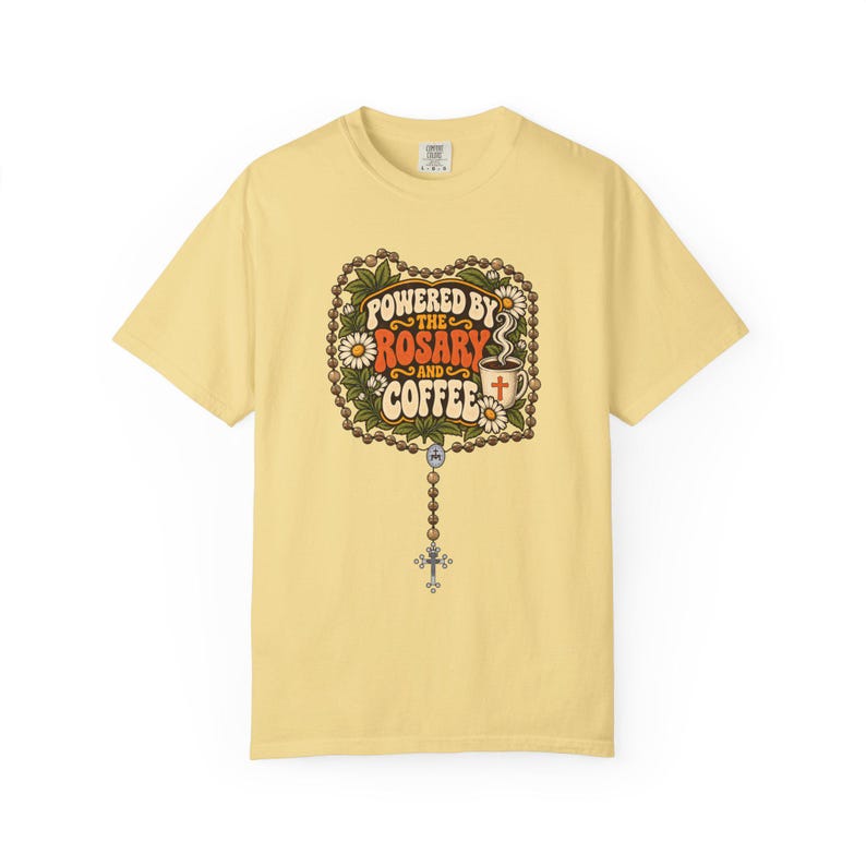 Funny Rosary and Coffee Tee, Retro Catholic Mom Gift, Caffeine Prayer Top for Women, Christian Humor Apparel for Teachers, Comfort Colors image 2
