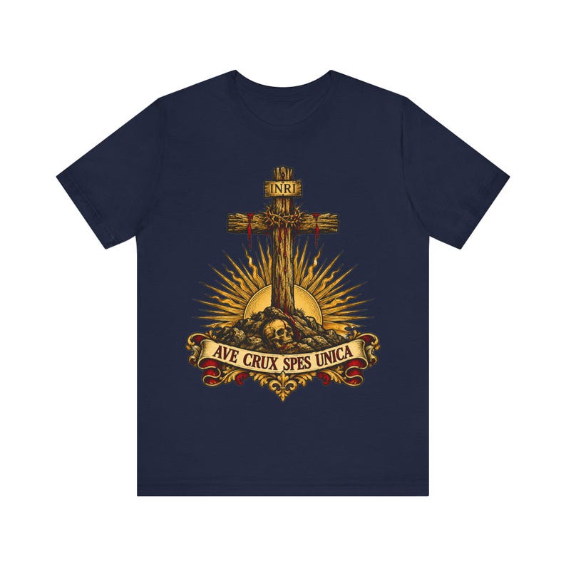 Ave Crux Spes Unica Shirt, Hail the Cross Our Only Hope Tee, Latin Crucifix with INRI, Lenten Gift for Catholic Men, Good Friday Apparel image 6