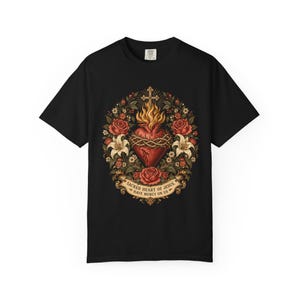 Floral Sacred Heart Tee, Cottagecore Cor Jesu with Wildflowers, Have Mercy Prayer Gift for Mom, Botanical Christian Apparel, Comfort Colors image 2