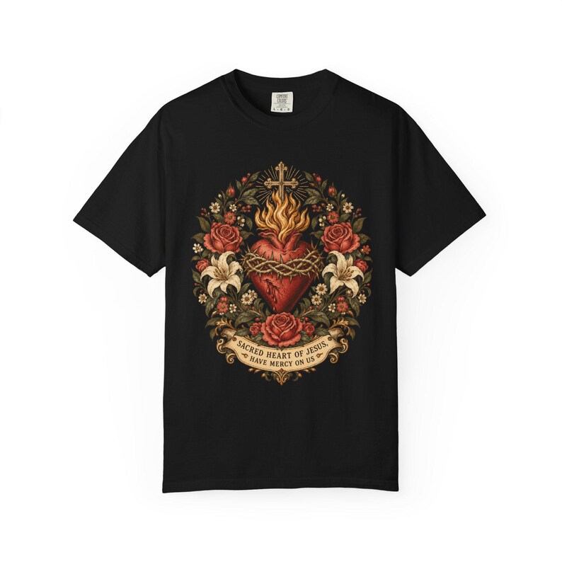Floral Sacred Heart Tee, Cottagecore Cor Jesu with Wildflowers, Have Mercy Prayer Gift for Mom, Botanical Christian Apparel, Comfort Colors image 2