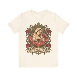 Rosa Mystica Shirt, Mystical Rose Virgin Mary Tee, Ora Pro Nobis Art Nouveau, Litany of Loreto Catholic Gift for Women, Marian Apparel image 3
