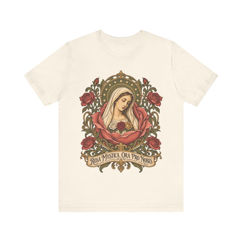 Rosa Mystica Shirt, Mystical Rose Virgin Mary Tee, Ora Pro Nobis Art Nouveau, Litany of Loreto Catholic Gift for Women, Marian Apparel image 3