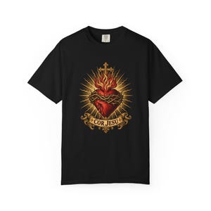 Sacred Heart Sunburst Tee, Cor Jesu Blazing Golden Rays, Crown of Thorns Catholic Religious Gift for Him or Her, Comfort Colors image 4