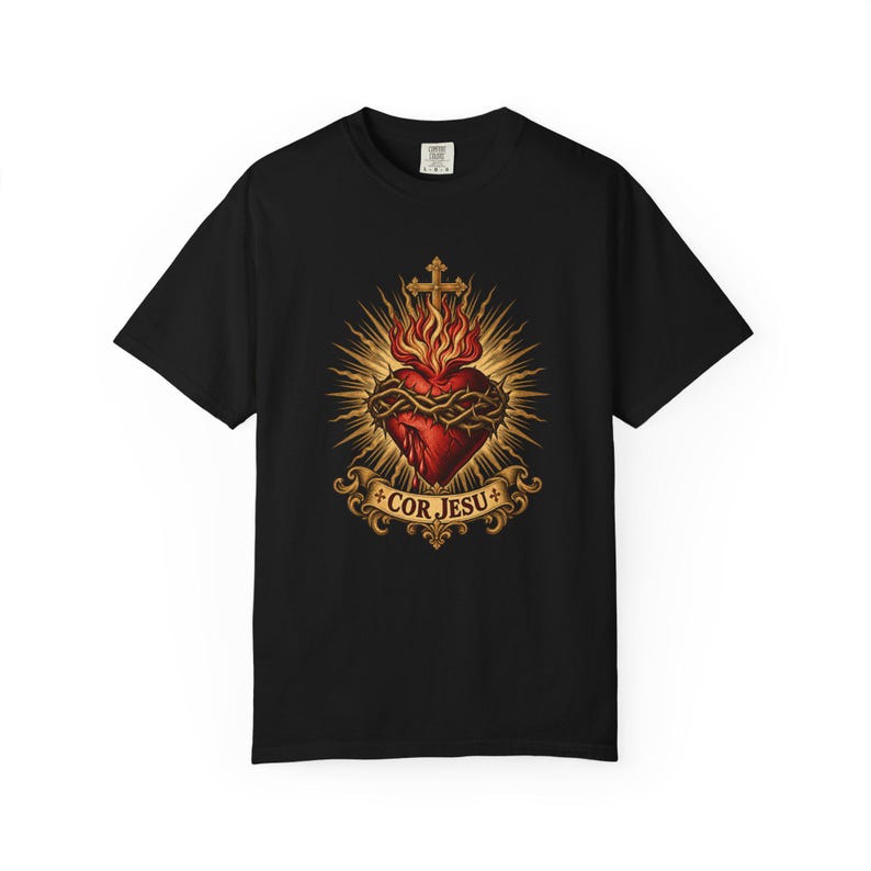 Sacred Heart Sunburst Tee, Cor Jesu Blazing Golden Rays, Crown of Thorns Catholic Religious Gift for Him or Her, Comfort Colors image 4