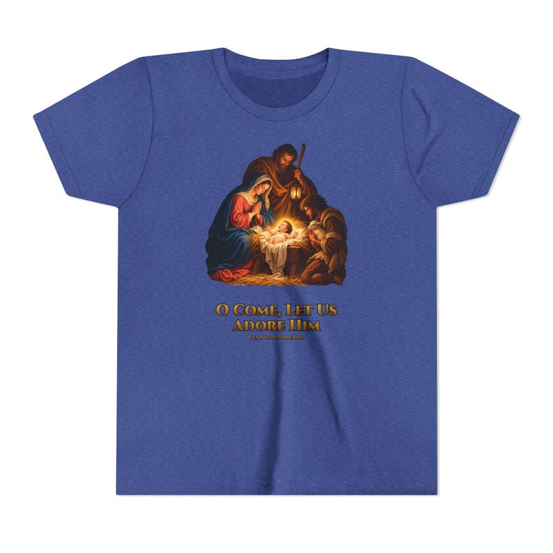 Kids O Come Let Us Adore Him Shirt, Youth Nativity Christmas Tee, Catholic Christmas Gift for Kids, Holy Family Venite Adoremus image 14
