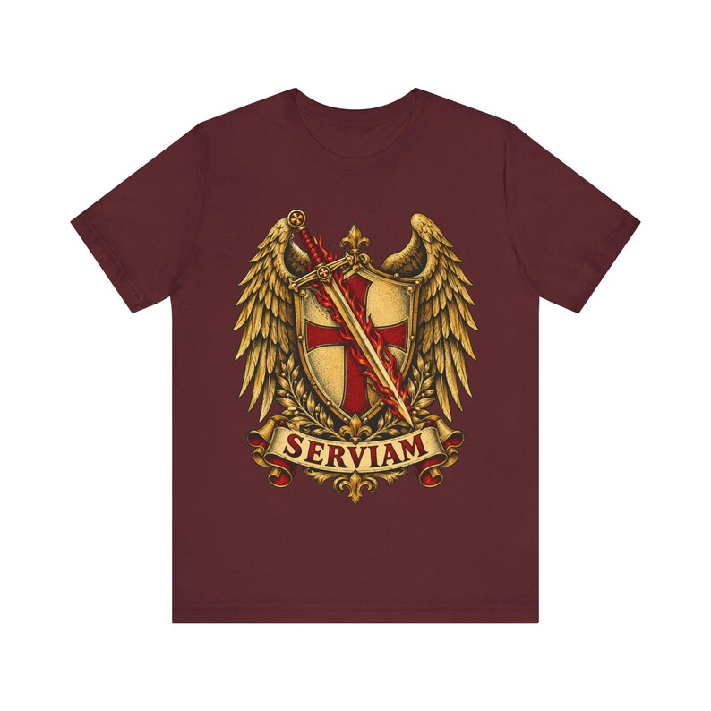 St. Michael T-shirt | Katholiek T-shirt | Vormselcadeau voor mannen | Gevleugeld schild en vlammend zwaard afbeelding 7
