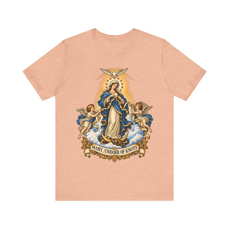 結び目を解く聖母マリアTシャツ、リボンを解く聖母マリアTシャツ、女性へのカトリックのノベナギフト、マリア祈祷アパレル 画像 4