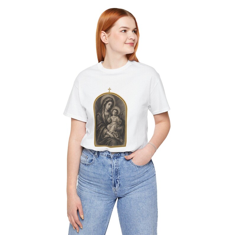 Virgin Mary Shirt, Madonna and Child Charcoal Sketch, Blessed Mother Catholic Gift for Mom, Vintage Marian Art Tee, Baby Jesus Top image 10