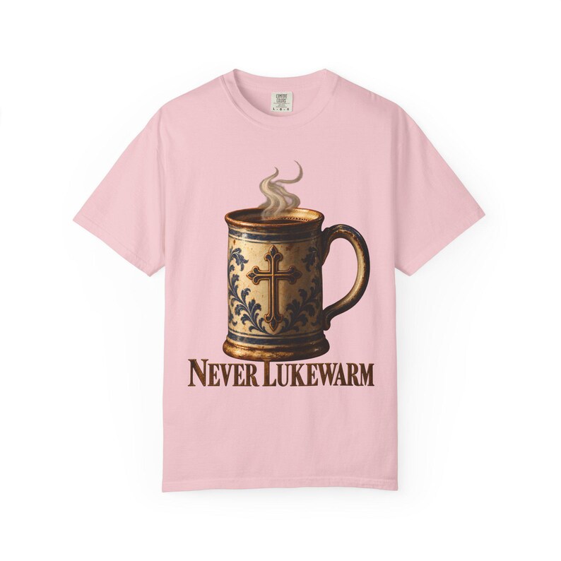 Never Lukewarm Comfort Colors Shirt | Christian Coffee T-Shirt | Gift for Coffee Lover | Stoneware Mug with Cross image 9