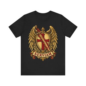 St. Michael T-shirt | Katholiek T-shirt | Vormselcadeau voor mannen | Gevleugeld schild en vlammend zwaard afbeelding 2