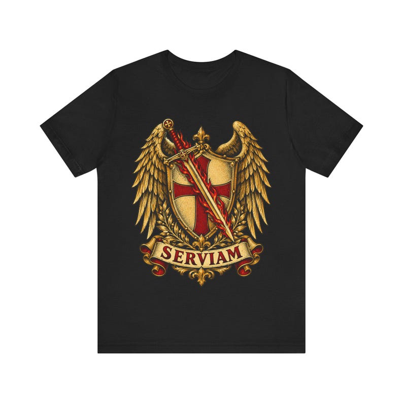 St. Michael T-shirt | Katholiek T-shirt | Vormselcadeau voor mannen | Gevleugeld schild en vlammend zwaard afbeelding 2