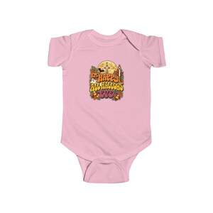Baby Catholic Halloween Bodysuit, Happy All Hallows Eve Retro Groovy Infant One Piece, Cute Fall Baby Gift, Jack O Lantern Cross Moon image 4