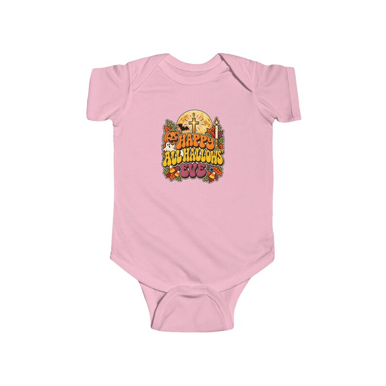 Baby Catholic Halloween Bodysuit, Happy All Hallows Eve Retro Groovy Infant One Piece, Cute Fall Baby Gift, Jack O Lantern Cross Moon image 4
