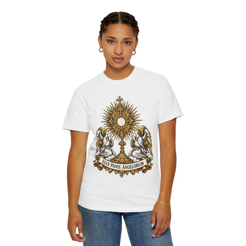 Monstrance Tee, Behold the Bread of Angels, Eucharist Adoration Gift for Priests or Deacons, Corpus Christi, Ecce Panis, Comfort Colors image 8