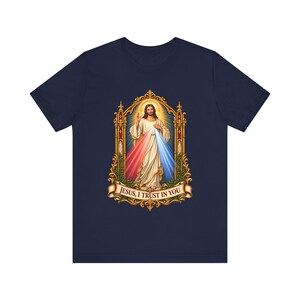 Divine Mercy Shirt, Jesus I Trust in You Tee, Gothic Gold Frame Holy Image, Catholic Gift for Women, St Faustina Easter Octave image 4