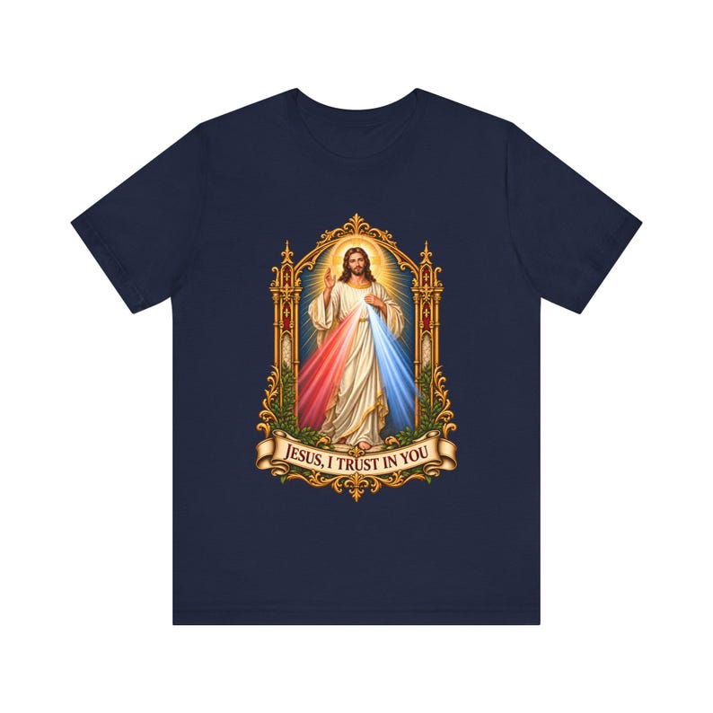 Divine Mercy Shirt, Jesus I Trust in You Tee, Gothic Gold Frame Holy Image, Catholic Gift for Women, St Faustina Easter Octave image 4