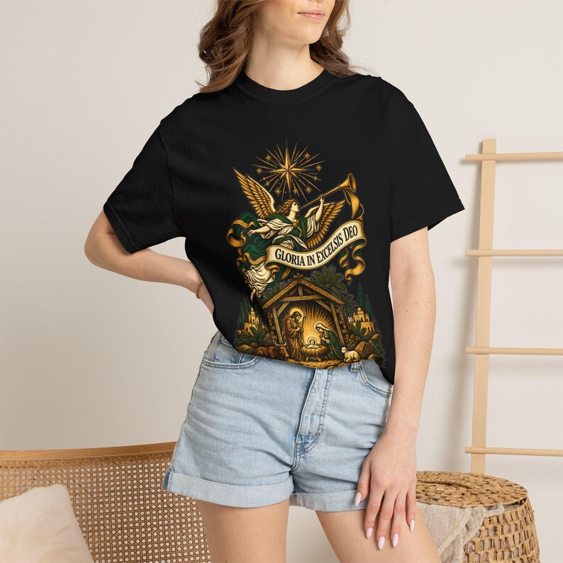 Herald Angel Trumpet Tee, Glory to God in the Highest Nativity, Vintage Christian Christmas Gift for Mass or Choir, Comfort Colors image 1