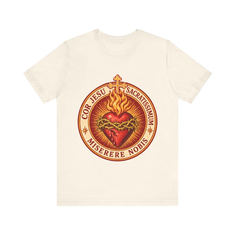 Jesu heliga hjärtas skjorta, Cor Jesu Sacratissimum-märke, Miserere Nobis runt emblem, katolsk gåva för män och kvinnor, törnekrona bild 3