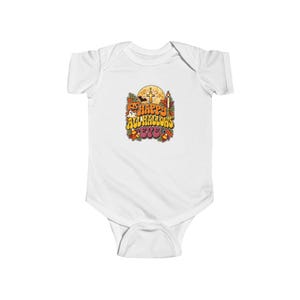 Baby Catholic Halloween Bodysuit, Happy All Hallows Eve Retro Groovy Infant One Piece, Cute Fall Baby Gift, Jack O Lantern Cross Moon image 1