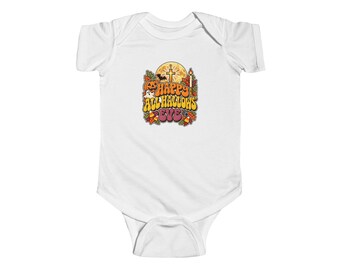 Body de bebé católico para Halloween, body retro de una pieza para bebé con la frase "Feliz Noche de Todos los Santos", lindo regalo de otoño para bebé, calabaza de Halloween con cruz y luna