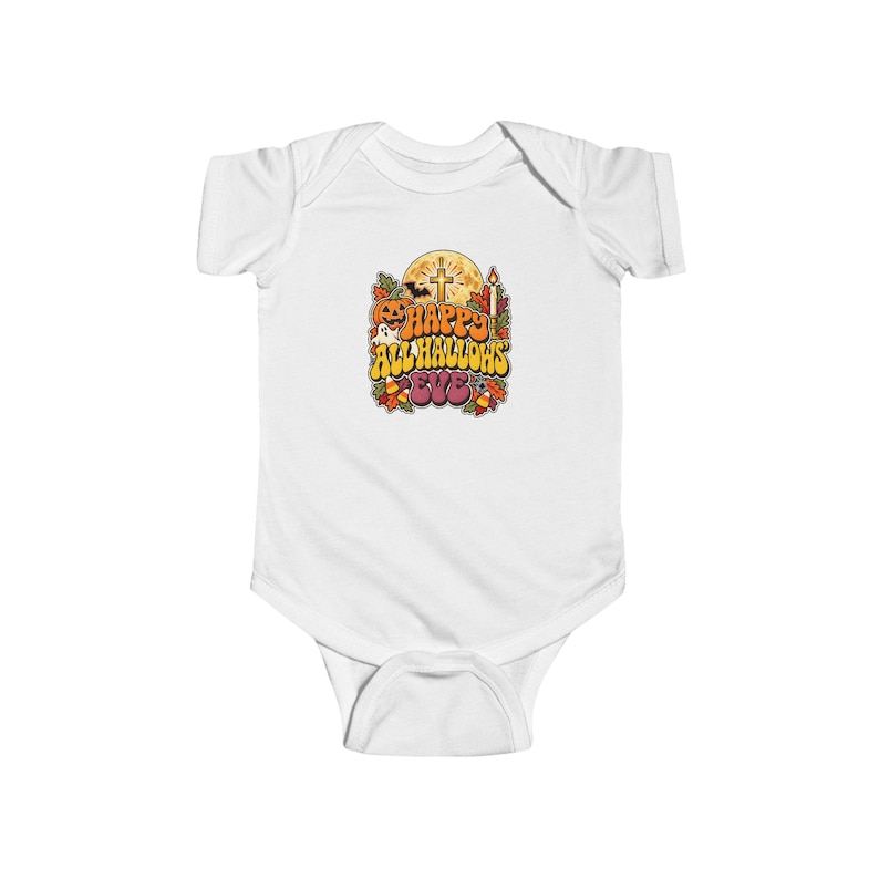 Baby Catholic Halloween Bodysuit, Happy All Hallows Eve Retro Groovy Infant One Piece, Cute Fall Baby Gift, Jack O Lantern Cross Moon image 1