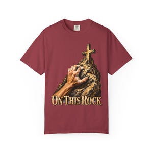 On This Rock Comfort Colors Shirt | Catholic Climbing T-Shirt | Gift for Rock Climber | Hand on Rock with Cross image 6