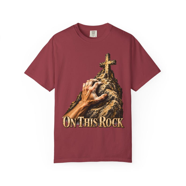 On This Rock Comfort Colors Shirt | Catholic Climbing T-Shirt | Gift for Rock Climber | Hand on Rock with Cross image 6
