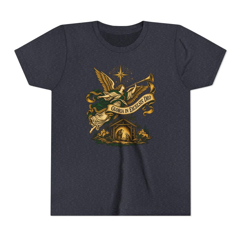 Camiseta infantil del Ángel de la Natividad, Camiseta juvenil Gloria in Excelsis Deo, Regalo católico de Navidad para niños, Representación navideña de la Estrella de Belén imagen 16