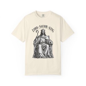 King of Kings Tee, Vintage Woodcut Jesus Enthroned, Solemnity of Christ Gift for Husband or Priest, Catholic Unisex Shirt, Comfort Colors image 3