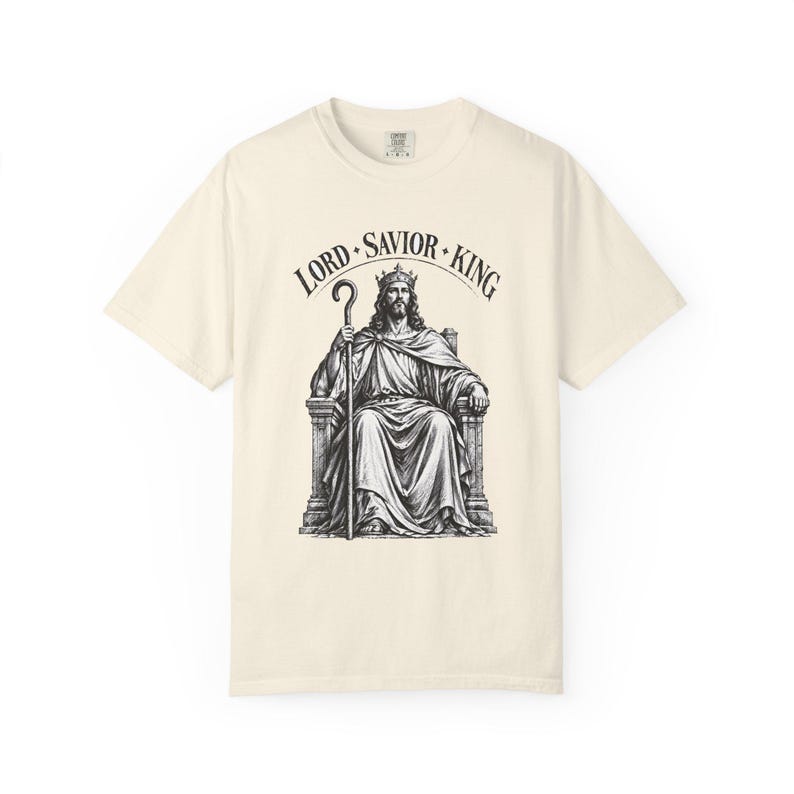 King of Kings Tee, Vintage Woodcut Jesus Enthroned, Solemnity of Christ Gift for Husband or Priest, Catholic Unisex Shirt, Comfort Colors image 3