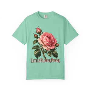 Little Flower Power Comfort Colors Shirt | St Therese Catholic T-Shirt | Gift for Catholic Women | Vintage Pink Roses image 5