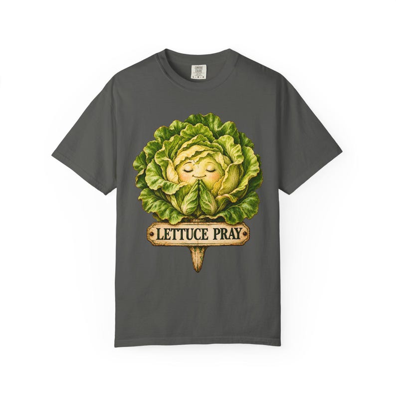 Lettuce Pray Comfort Colors Shirt | Funny Christian T-Shirt | Gift for Gardener | Vintage Lettuce with Garden Sign image 3