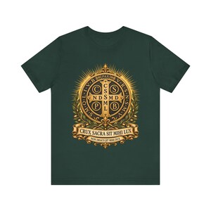 T-shirt met Sint-Benedictusmedaille, Crux Sacra Sit Mihi Lux T-shirt, Vade Retro Satana Exorcisme-embleem, Katholiek Beschermingsgeschenk, Kleding met Gouden Kruis afbeelding 3