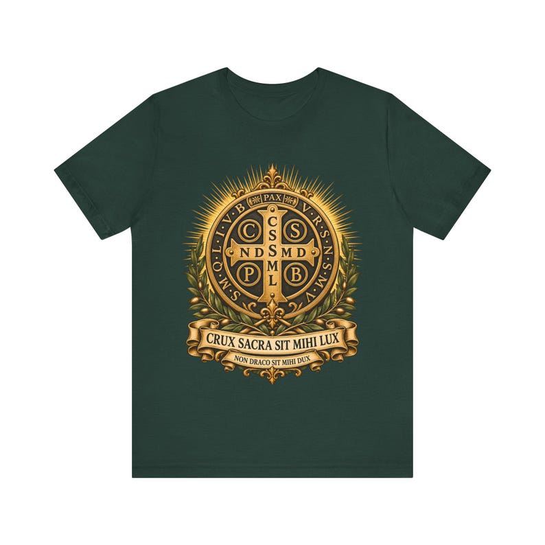 T-shirt met Sint-Benedictusmedaille, Crux Sacra Sit Mihi Lux T-shirt, Vade Retro Satana Exorcisme-embleem, Katholiek Beschermingsgeschenk, Kleding met Gouden Kruis afbeelding 3