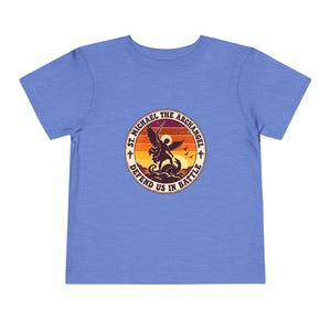 Toddler Retro St Michael Badge Tee, Defend Us in Battle Shirt, Catholic Gift for Toddlers, Archangel Slaying Dragon Sunset image 11
