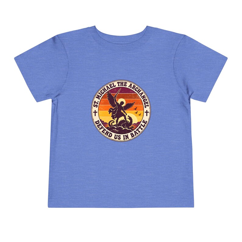 Toddler Retro St Michael Badge Tee, Defend Us in Battle Shirt, Catholic Gift for Toddlers, Archangel Slaying Dragon Sunset image 11