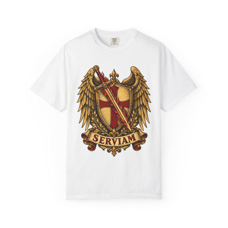 Saint Michael Heraldic Crest Tee, Golden Winged Shield, I Will Serve, Defend Us in Battle Gift for Veteran or Police, Comfort Colors image 7