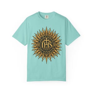 IHS Christogram Tee, AMDG Golden Sunburst, For the Greater Glory of God, Latin Catholic Gift for Jesuit Alumni or Graduates, Comfort Colors image 7