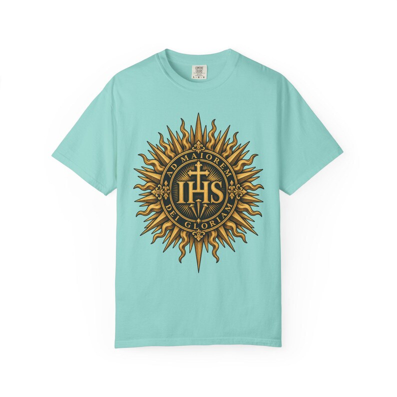 IHS Christogram Tee, AMDG Golden Sunburst, For the Greater Glory of God, Latin Catholic Gift for Jesuit Alumni or Graduates, Comfort Colors image 7