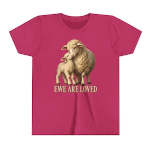Kids Ewe Are Loved Shirt, Youth Lamb Tee, Sweet Christian Gift for Kids, Vintage Ewe and Lamb Painting image 17