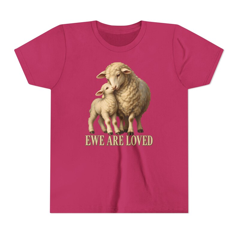 Kids Ewe Are Loved Shirt, Youth Lamb Tee, Sweet Christian Gift for Kids, Vintage Ewe and Lamb Painting image 17