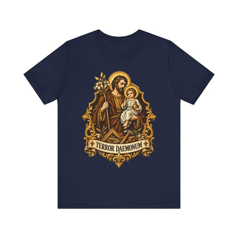 St Joseph Shirt | Catholic T-Shirt | Gift for Dad or Godfather | Terror of Demons with Child Jesus and Lily image 7