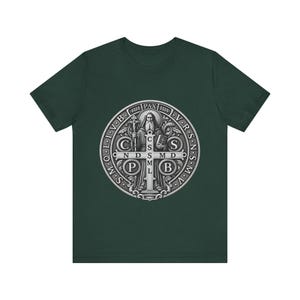 Silver St Benedict Medal Shirt, Engraved Monk Holding Crucifix Tee, CSPB Vade Retro Satana Emblem, Catholic Protection Gift, OSB Oblate image 3
