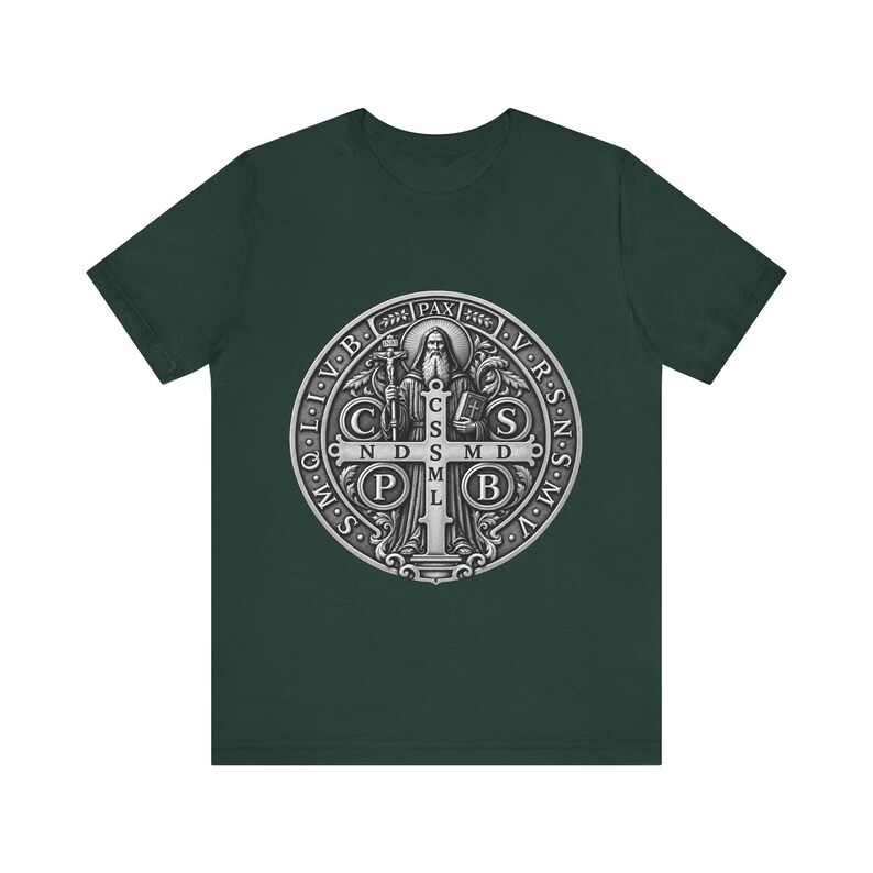 Silver St Benedict Medal Shirt, Engraved Monk Holding Crucifix Tee, CSPB Vade Retro Satana Emblem, Catholic Protection Gift, OSB Oblate image 3